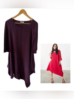 Bryn Walker Naida Linen Round Neck Asymmetrical Tunic Dress S Plum Lagenlook